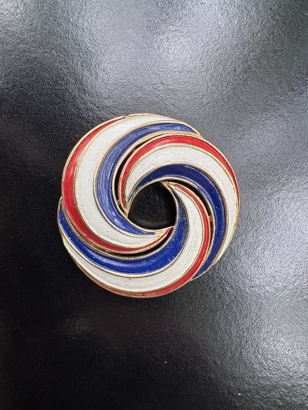 Crown Trifari Swirl Brooch Patriotic Enamel Red White Blue Gold Tone Pin Vtg